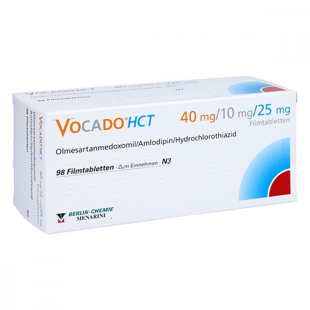 Das Produktfoto zeigt Vocado Hct 40 Mg/10 Mg/25 Mg Filmtabletten (98 stk) PZN 07382111