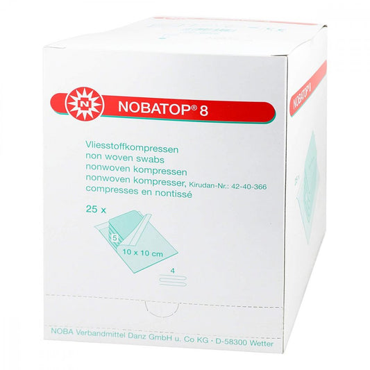 Das Produktfoto zeigt Nobatop 8 Kompressen 10x10 Cm Steril (25X5 stk) PZN 07385635