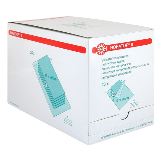 Das Produktfoto zeigt Nobatop 8 Kompressen 10x20 Cm Steril (25X5 stk) PZN 07385641