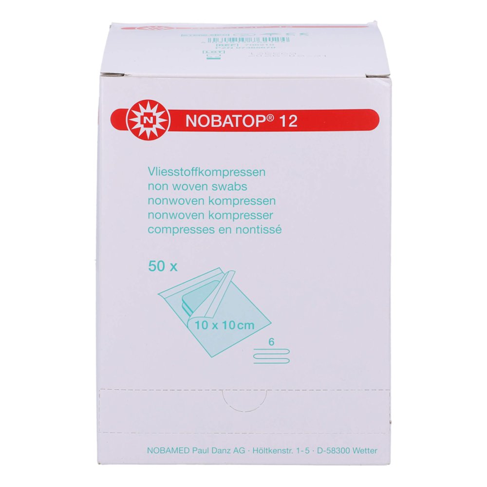 Das Produktfoto zeigt Nobatop 12 Kompressen 10x10 Cm Steril (50X2 stk) PZN 07385670