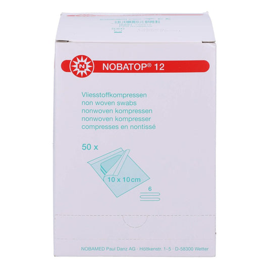 Das Produktfoto zeigt Nobatop 12 Kompressen 10x10 Cm Steril (50X2 stk) PZN 07385670