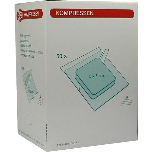 Das Produktfoto zeigt Mullkompressen 5x5 Cm Steril 8fach (50X2 stk) PZN 07385724