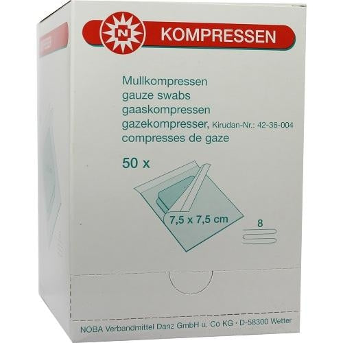 Das Produktfoto zeigt Mullkompressen 7,5x7,5 Cm Steril 8fach (50X2 stk) PZN 07385730