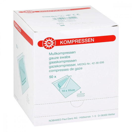 Das Produktfoto zeigt Mullkompressen 10x10 Cm Steril 8fach (50X2 stk) PZN 07385747
