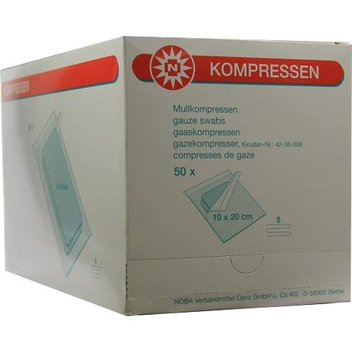 Das Produktfoto zeigt Mullkompressen 10x20 Cm Steril 8fach (50X2 stk) PZN 07385753