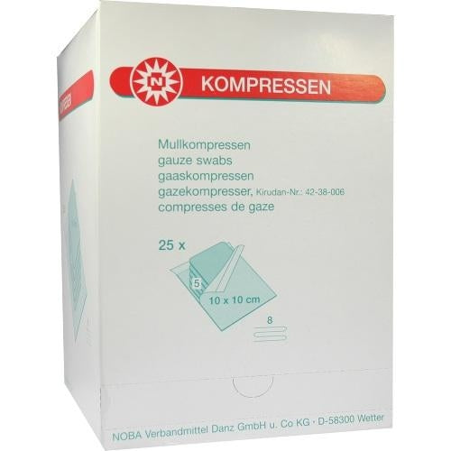 Das Produktfoto zeigt Mullkompressen 10x10 Cm Steril 8fach (25X5 stk) PZN 07385799