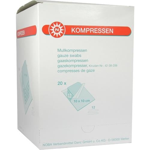Das Produktfoto zeigt Mullkompressen 10x10 Cm Steril 12fach (20X5 stk) PZN 07385894