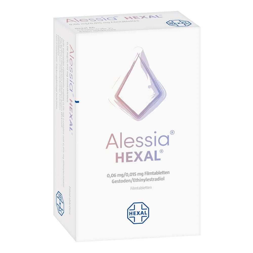 Das Produktfoto zeigt Alessia Hexal 0,06 Mg/0,015 Mg Filmtabletten (3X28 stk) PZN 07402049