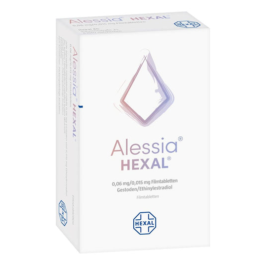 Das Produktfoto zeigt Alessia Hexal 0,06 Mg/0,015 Mg Filmtabletten (3X28 stk) PZN 07402049