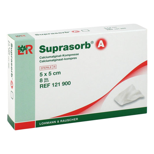 Das Produktfoto zeigt Suprasorb A Calciumalginat Kompr.5x5 Cm (8 stk) PZN 07402150