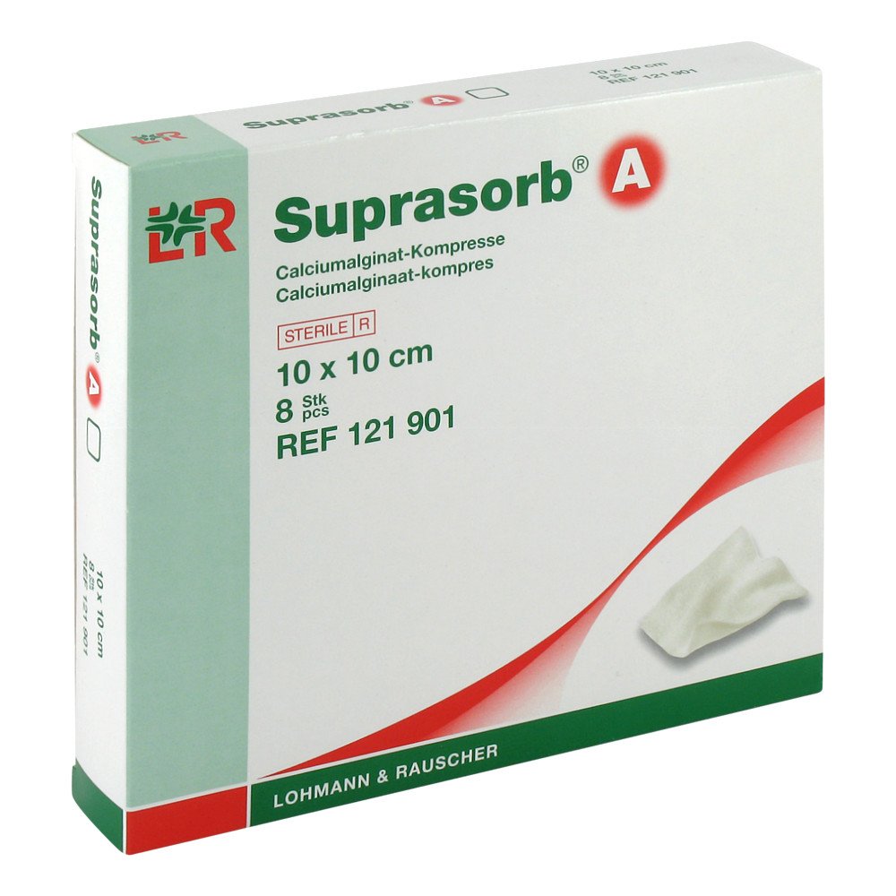 Das Produktfoto zeigt Suprasorb A Calciumalginat Kompr.10x10 Cm (8 stk) PZN 07402167