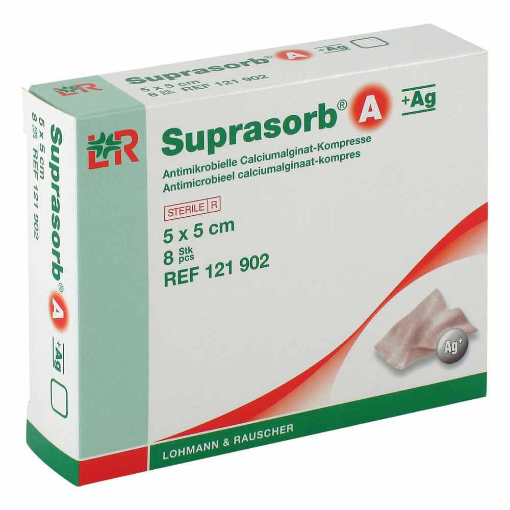 Das Produktfoto zeigt Suprasorb A+Ag Antimik.Cal.Alginat Kompr.5x5 Cm (8 stk) PZN 07402173