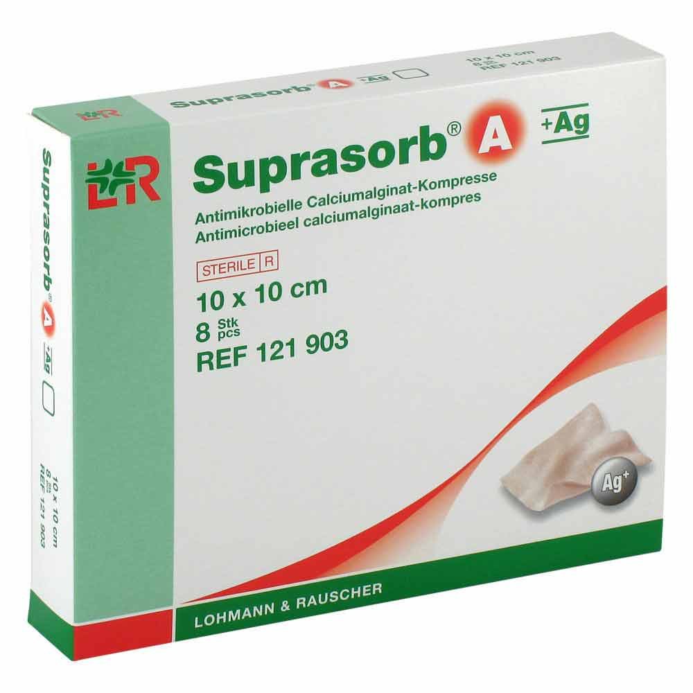 Das Produktfoto zeigt Suprasorb A+Ag Antimik.Cal.Alginat Kompr.10x10 Cm (8 stk) PZN 07402196