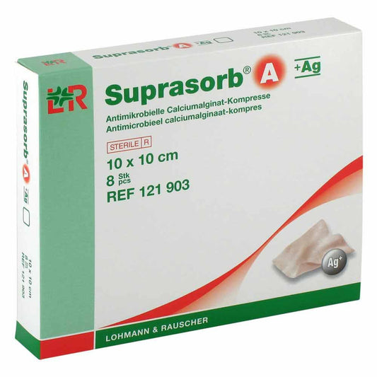 Das Produktfoto zeigt Suprasorb A+Ag Antimik.Cal.Alginat Kompr.10x10 Cm (8 stk) PZN 07402196