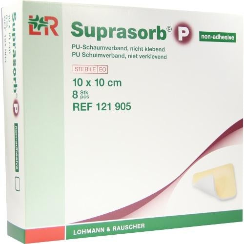 Das Produktfoto zeigt Suprasorb P Pu-Schaumv.Nicht Klebend 10x10 Cm (8 stk) PZN 07402345