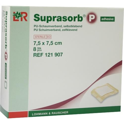Das Produktfoto zeigt Suprasorb P Pu-Schaumv.Selbstklebend 7,5x7,5 Cm (8 stk) PZN 07402368