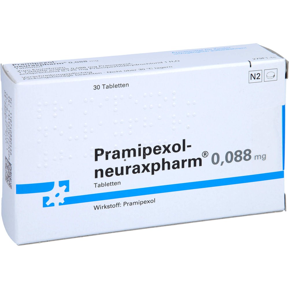 Das Produktfoto zeigt Pramipexol-Neuraxpharm 0,088 Mg Tabletten (30 stk) PZN 07408804