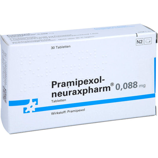 Das Produktfoto zeigt Pramipexol-Neuraxpharm 0,088 Mg Tabletten (30 stk) PZN 07408804