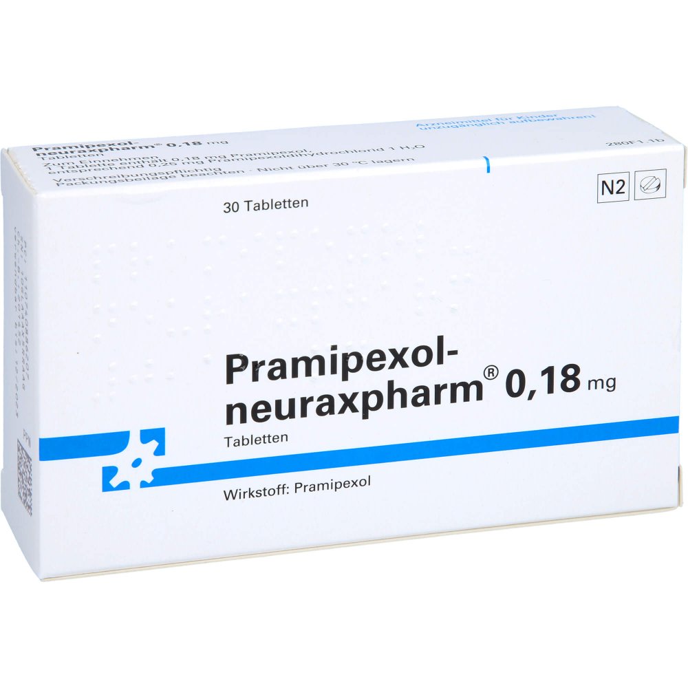 Das Produktfoto zeigt Pramipexol-Neuraxpharm 0,18 Mg Tabletten (30 stk) PZN 07408862