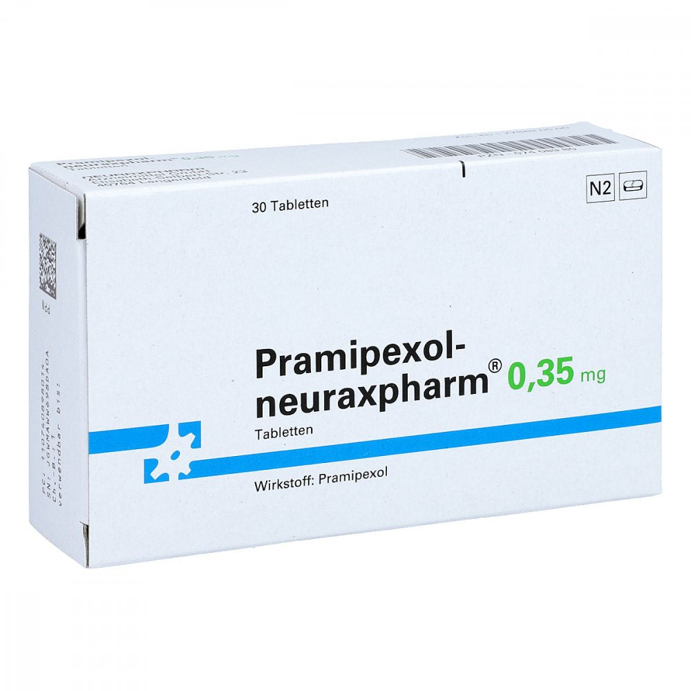 Das Produktfoto zeigt Pramipexol-Neuraxpharm 0,35 Mg Tabletten (30 stk) PZN 07408980