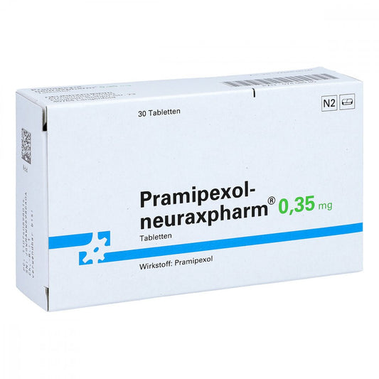 Das Produktfoto zeigt Pramipexol-Neuraxpharm 0,35 Mg Tabletten (30 stk) PZN 07408980