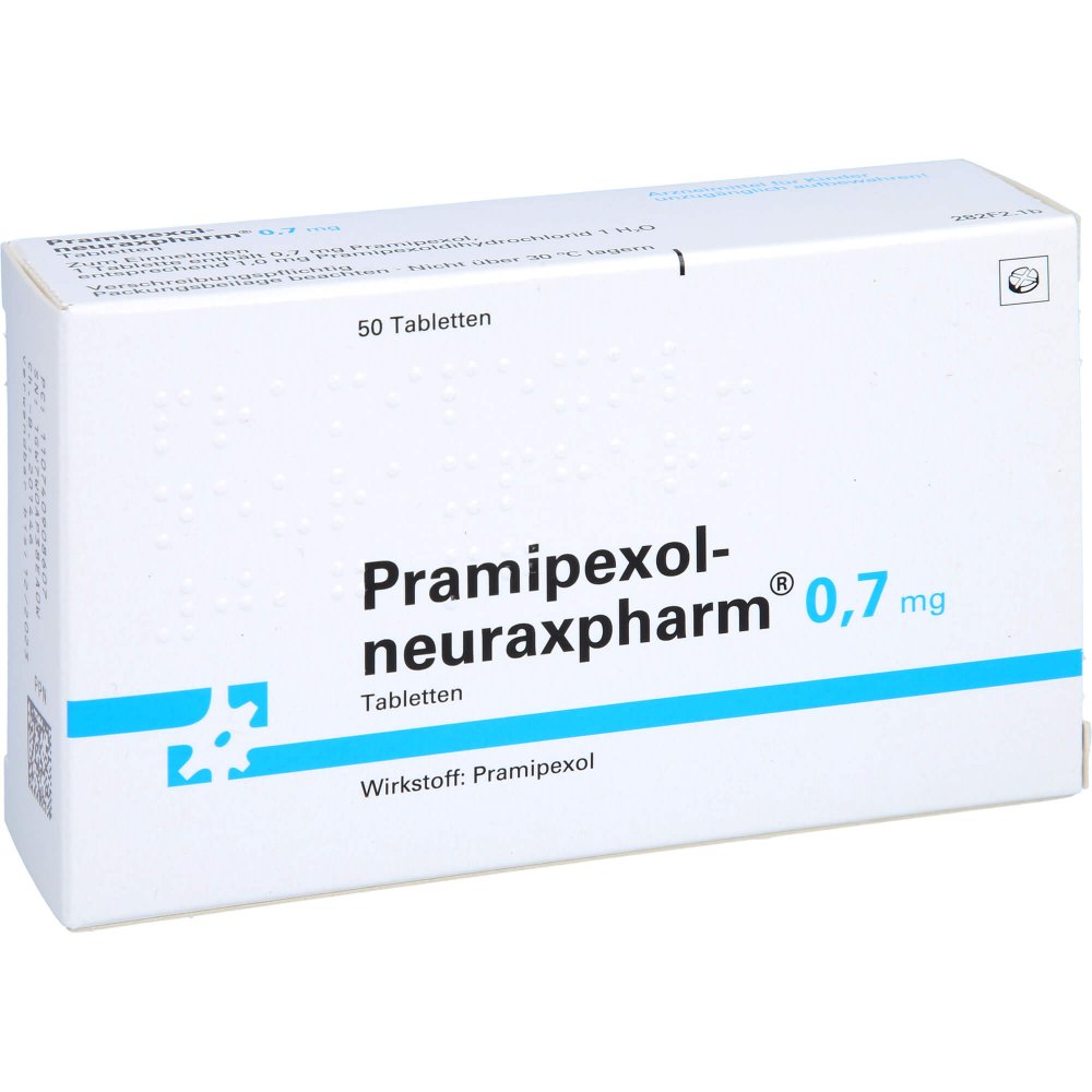 Das Produktfoto zeigt Pramipexol-Neuraxpharm 0,7 Mg Tabletten (50 stk) PZN 07409086