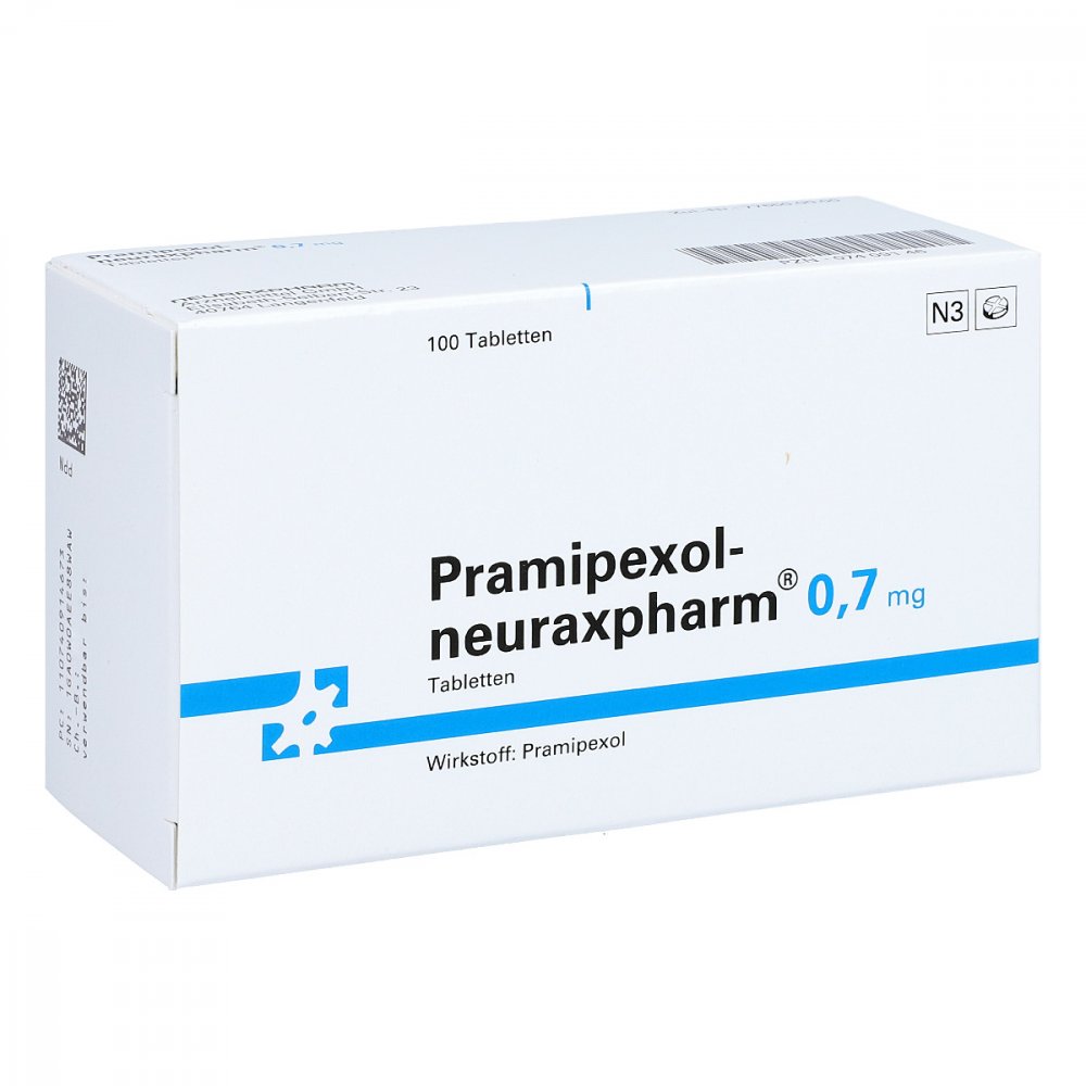 Das Produktfoto zeigt Pramipexol-Neuraxpharm 0,7 Mg Tabletten (100 stk) PZN 07409146