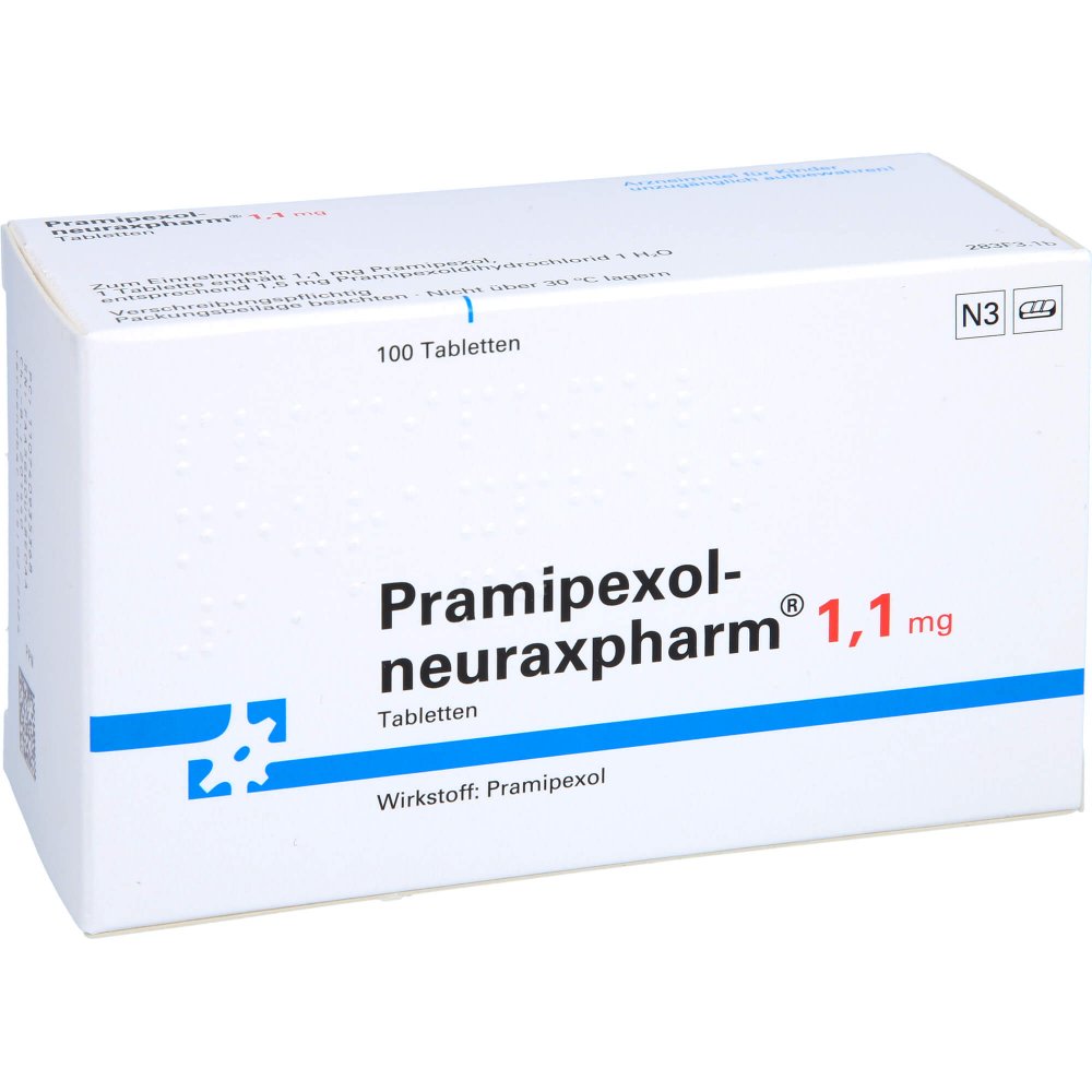 Das Produktfoto zeigt Pramipexol-Neuraxpharm 1,1 Mg Tabletten (100 stk) PZN 07409353