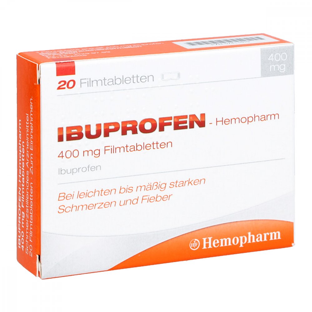 Das Produktfoto zeigt Ibuprofen Hemopharm 400 Mg Filmtabletten (20 stk) PZN 07411019