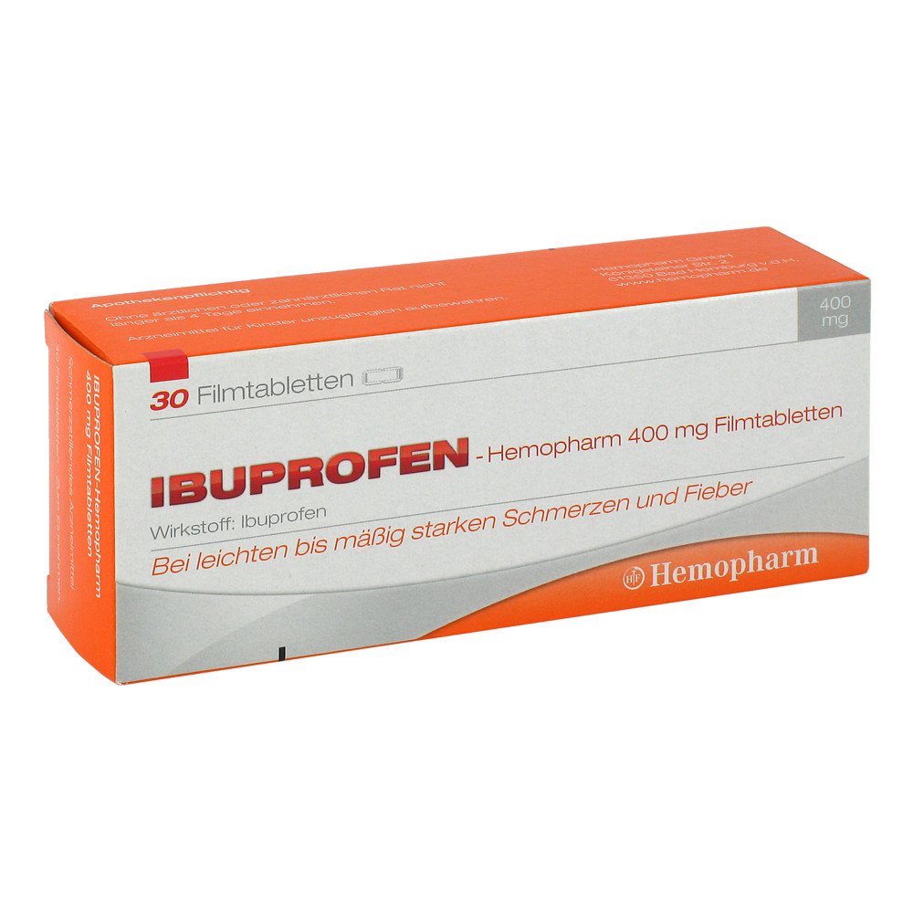 Das Produktfoto zeigt Ibuprofen Hemopharm 400 Mg Filmtabletten (30 stk) PZN 07411025