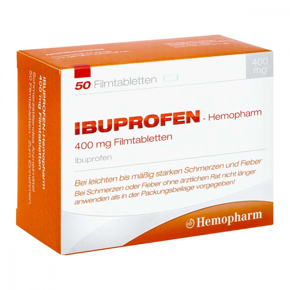 Das Produktfoto zeigt Ibuprofen Hemopharm 400 Mg Filmtabletten (50 stk) PZN 07411048