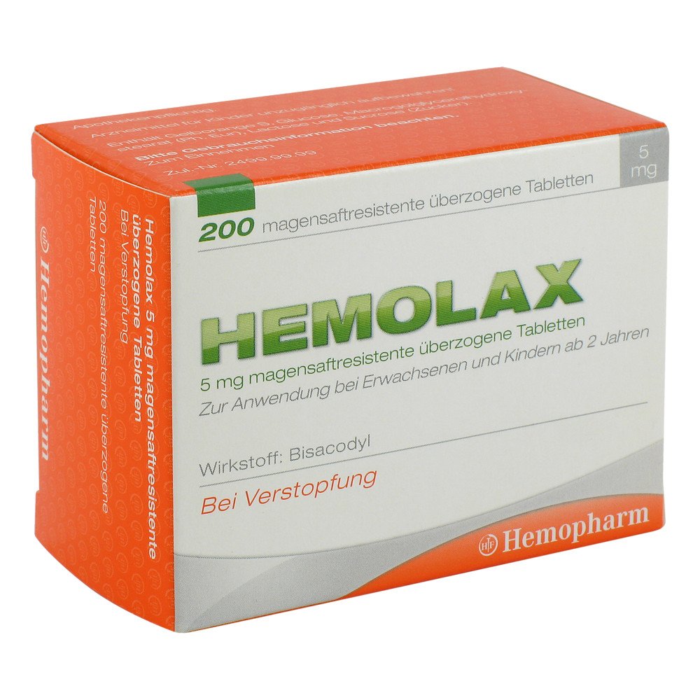 Das Produktfoto zeigt Hemolax 5 Mg Magensaftresistente Überzogene Tabl. (200 stk) PZN 07417909