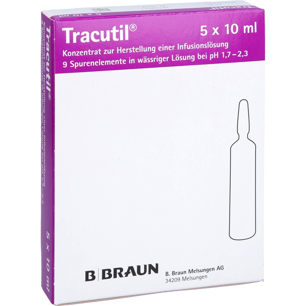 Das Produktfoto zeigt Tracutil Konzentrat Z.Herst.Einer Infusionslösung (5X10 ml) PZN 07419624