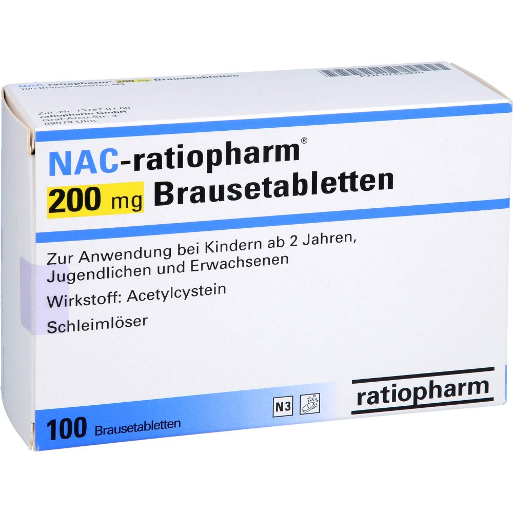 Das Produktfoto zeigt Nac-Ratiopharm 200 Mg Brausetabletten (100 stk) PZN 07423270