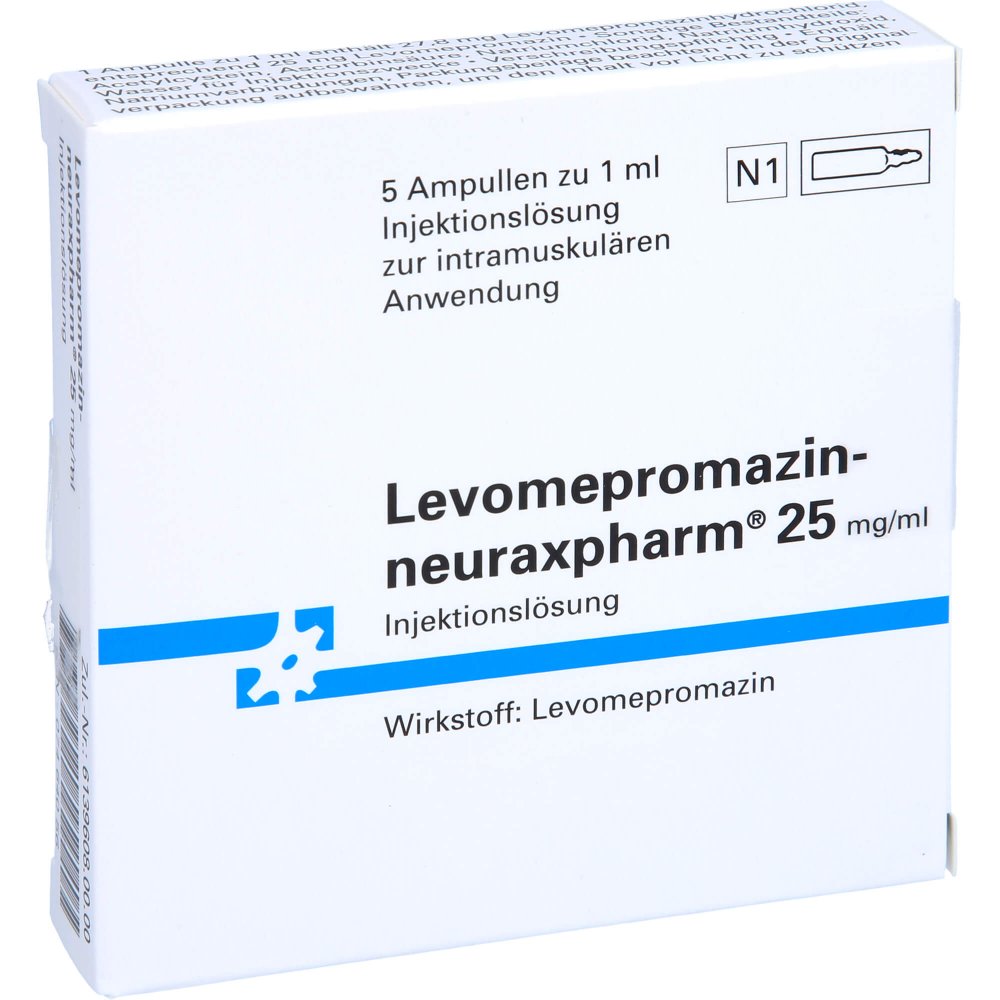 Das Produktfoto zeigt Levomepromazin-Neuraxpharm 25 Mg/Ml Injektionslsg. (5X1 ml) PZN 07464056