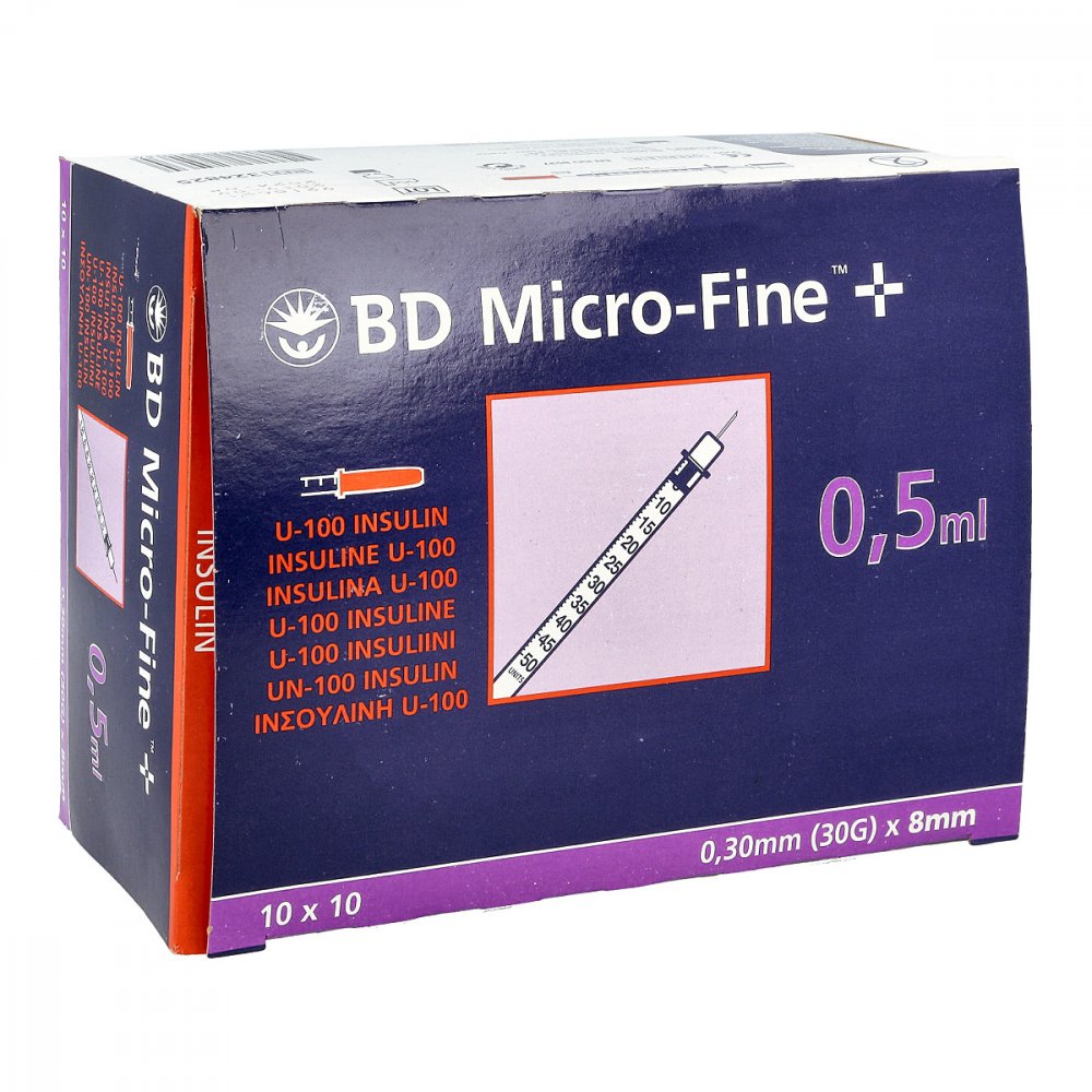 Das Produktfoto zeigt Bd Micro-Fine+ Insulinspr.0,5 Ml U100 8 Mm (100X0.5 ml) PZN 07468077
