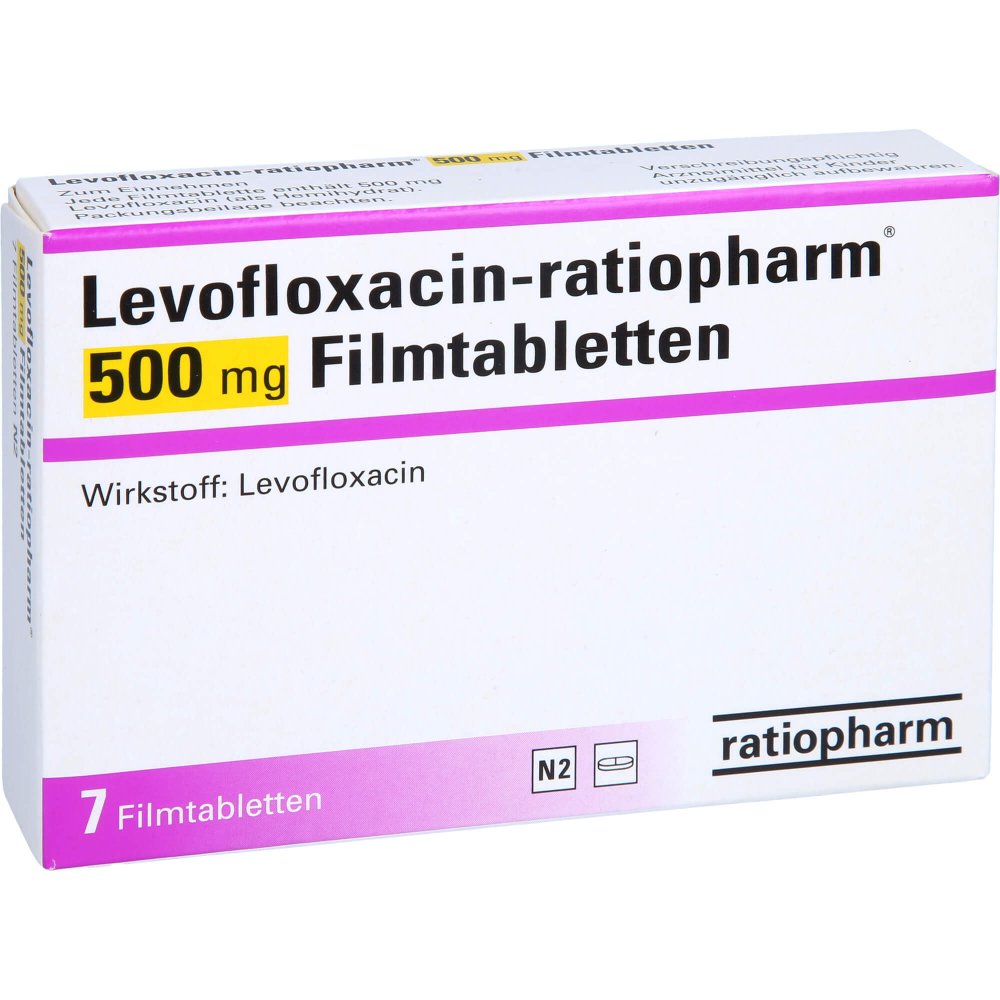 Das Produktfoto zeigt Levofloxacin-Ratiopharm 500 Mg Filmtabletten (7 stk) PZN 07503603