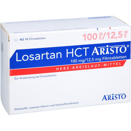 Das Produktfoto zeigt Losartan Hct Aristo 100mg/12,5mg Filmtabletten (98 stk) PZN 07510738