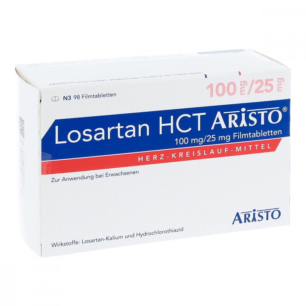 Das Produktfoto zeigt Losartan Hct Aristo 100mg/25mg Filmtabletten (98 stk) PZN 07510945
