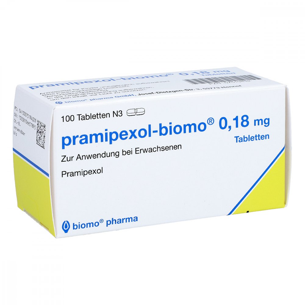Das Produktfoto zeigt Pramipexol-Biomo 0,18 Mg Tabletten (100 stk) PZN 07519432