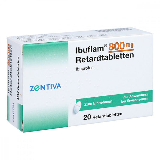 Das Produktfoto zeigt Ibuflam 800 Mg Retardtabletten (20 stk) PZN 07520524