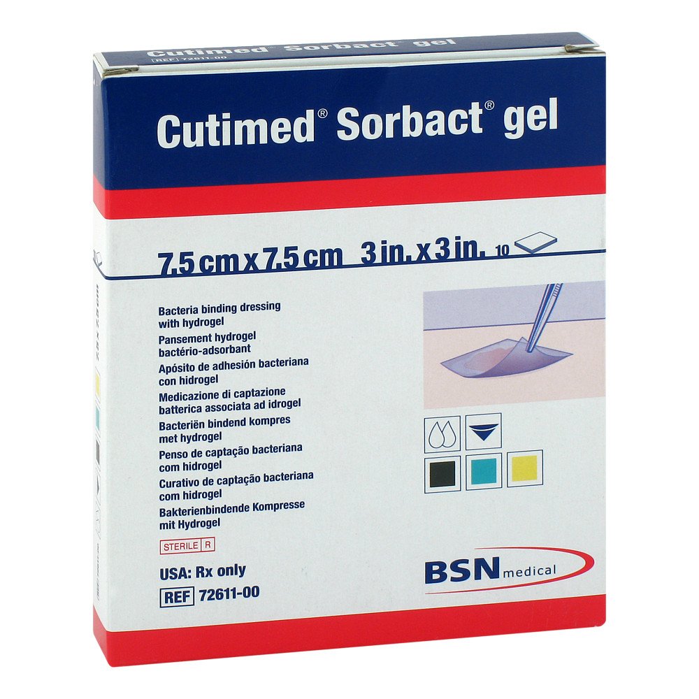 Das Produktfoto zeigt Cutimed Sorbact Gel Kompressen 7,5x7,5 Cm (10 stk) PZN 07523333
