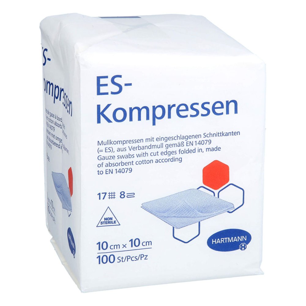 Das Produktfoto zeigt Es-Kompressen Unsteril 10x10 Cm 8fach (100 stk) PZN 07524522