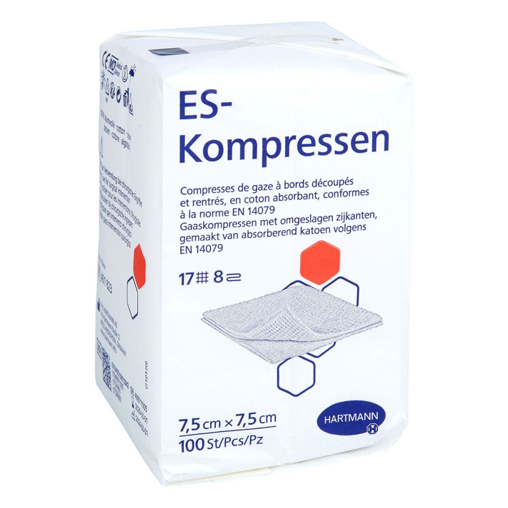 Das Produktfoto zeigt Es-Kompressen Unsteril 7,5x7,5 Cm 8fach (100 stk) PZN 07524539