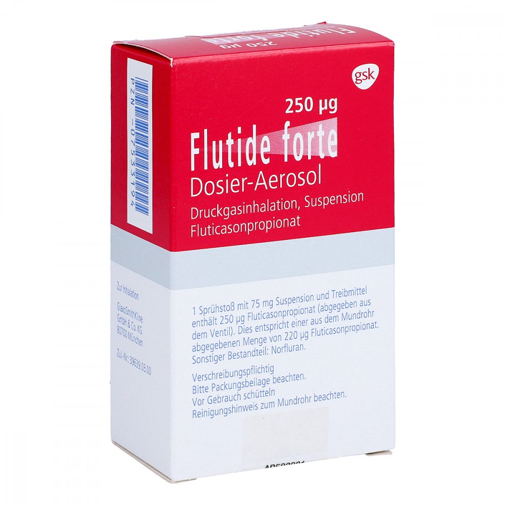 Das Produktfoto zeigt Flutide Forte 250 Μg Dos.-Aeros.120 Hub (1 stk) PZN 07533194