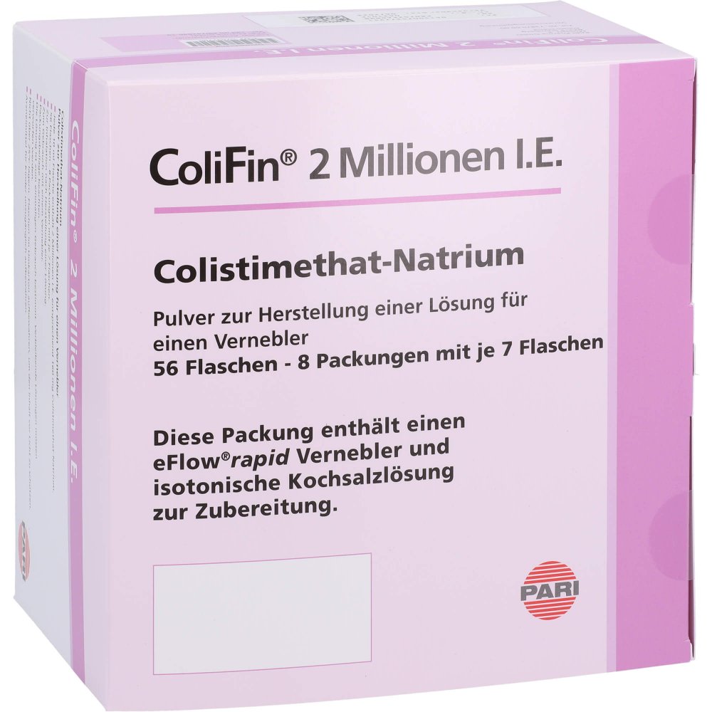 Das Produktfoto zeigt Colifin 2 Millionen I.E. Plv.Z.Her.E.Lsg.F.Verneb. (56 stk) PZN 07537795