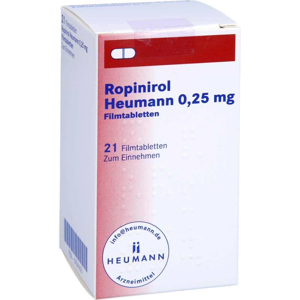 Das Produktfoto zeigt Ropinirol Heumann 0,25 Mg Filmtabletten (21 stk) PZN 07541621