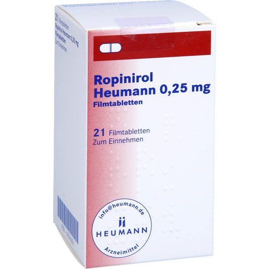 Das Produktfoto zeigt Ropinirol Heumann 0,25 Mg Filmtabletten (21 stk) PZN 07541621