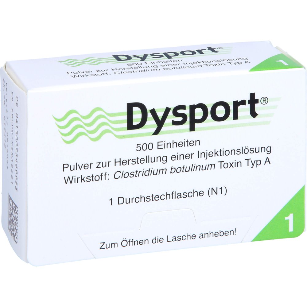 Das Produktfoto zeigt Dysport 500 Einheiten Pulver Z.Herst.E.Inj.-Lsg. (1 stk) PZN 07546995