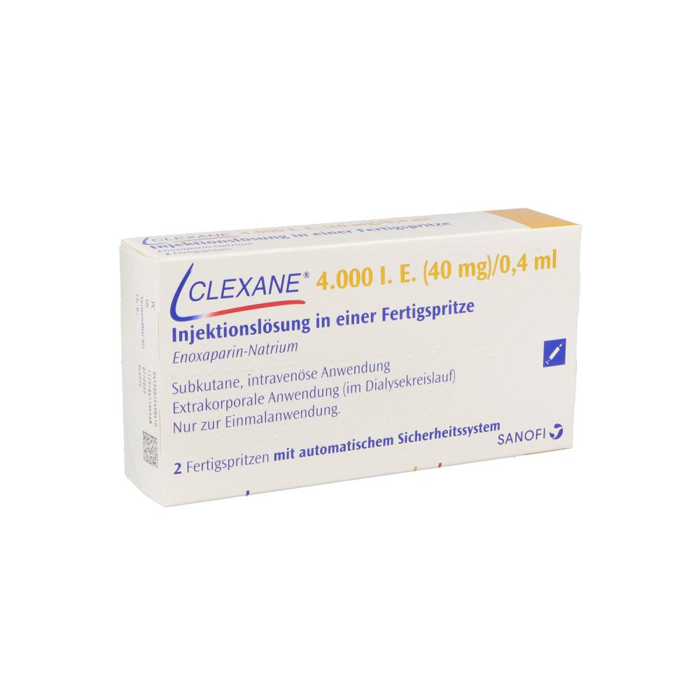 Das Produktfoto zeigt Clexane 4.000 I.E. 40mg/0,4ml Ilo F.Sp.+Sich-Sys. (2 stk) PZN 07549841